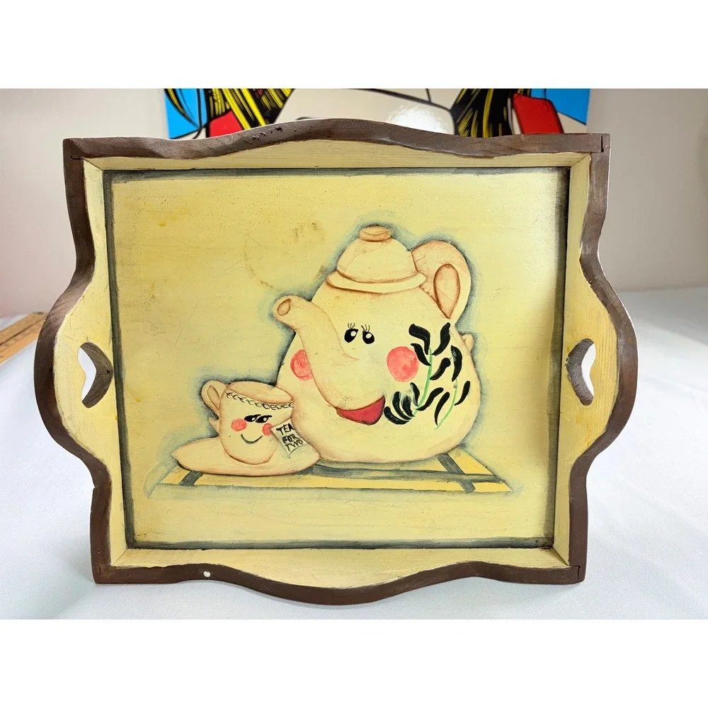 Vintage Hand Painted‎ Wooden Tea Tray Teapot Kitchen Serving Cottage Decor